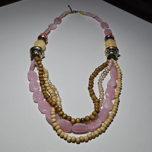 EsMor Beaded Layered Statement Necklace 26-28" Pink Cream Brown Pink Pearls